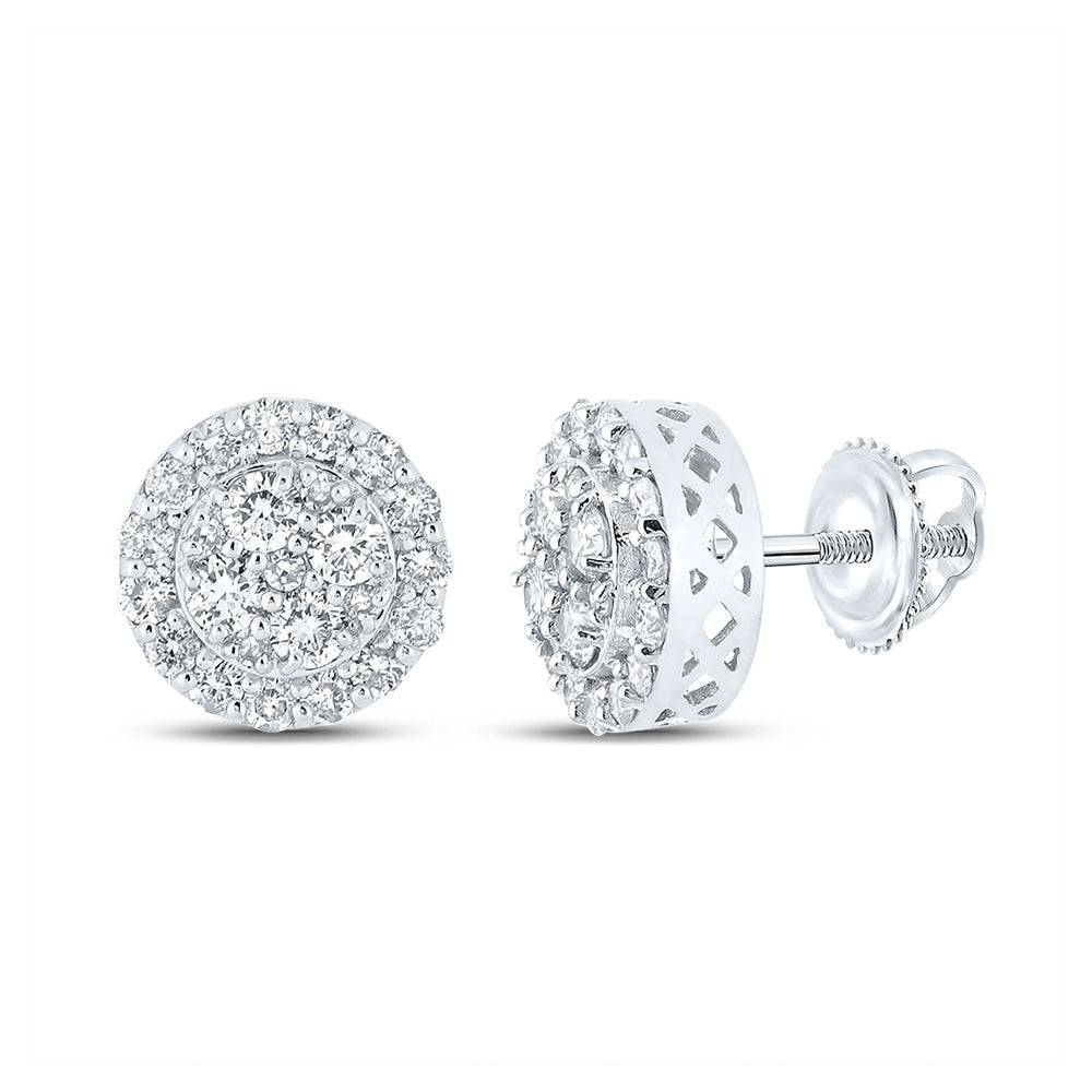 14kt White Gold Mens Round Diamond Cluster Earrings 7/8 Cttw