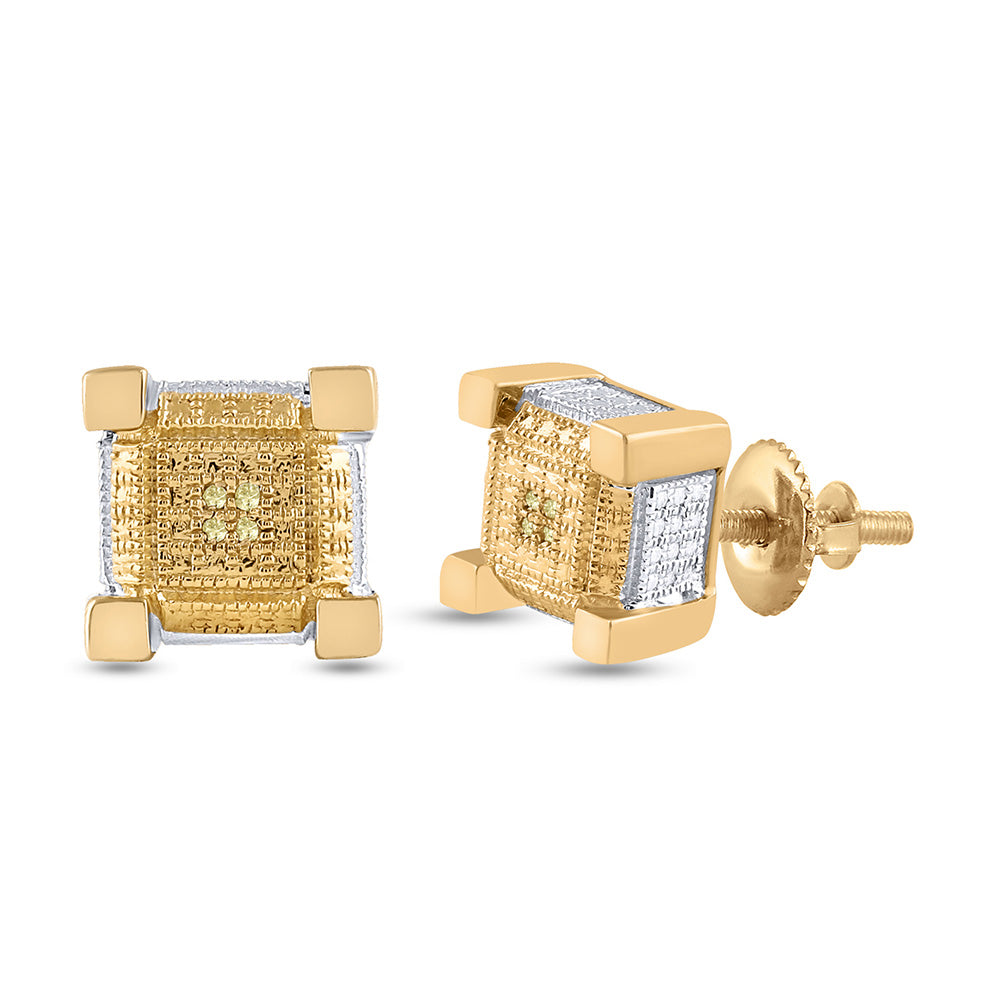 Yellow-tone Sterling Silver Mens Round Diamond 3D Square Earrings .03 Cttw