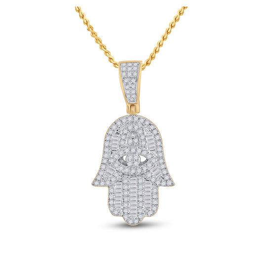 14kt Yellow Gold Mens Baguette Diamond Hamsa Hand Charm Pendant 1/2 Cttw