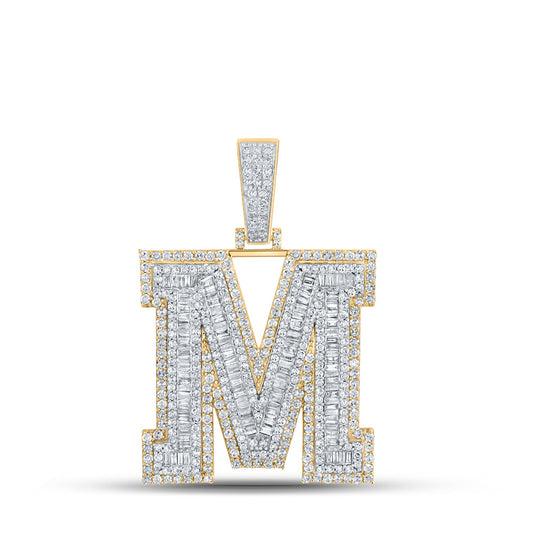 10kt Two-tone Gold Mens Baguette Diamond M Initial Letter Charm Pendant 2-7/8 Cttw