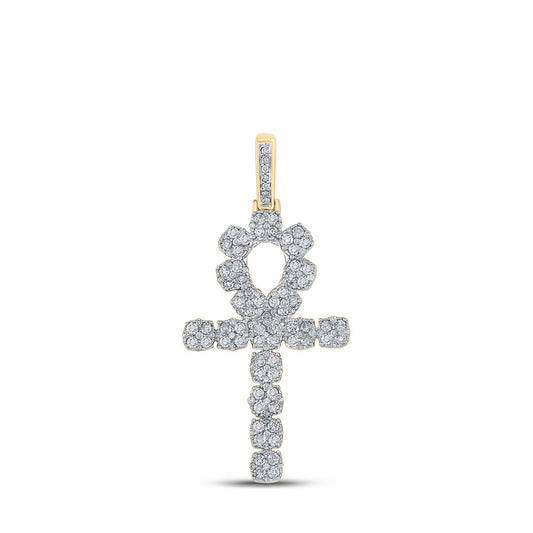 10kt Yellow Gold Mens Round Diamond Ankh Cross Charm Pendant 1-1/4 Cttw