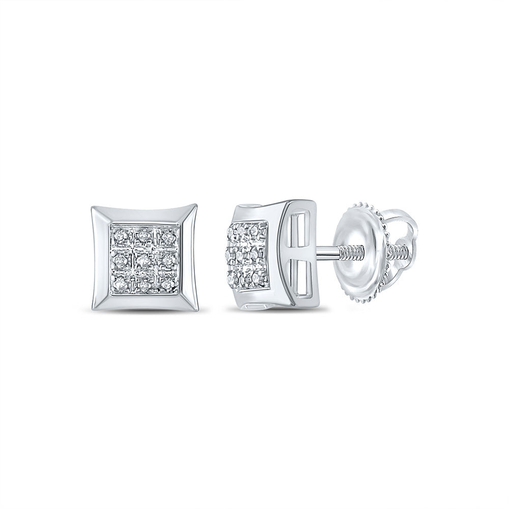 10kt White Gold Mens Round Diamond Square Earrings 1/20 Cttw