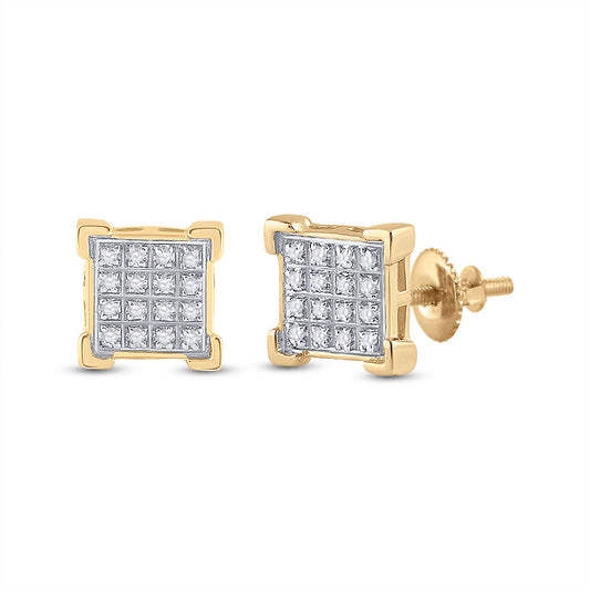 10kt Yellow Gold Mens Round Diamond Square Cluster Earrings 1/10 Cttw