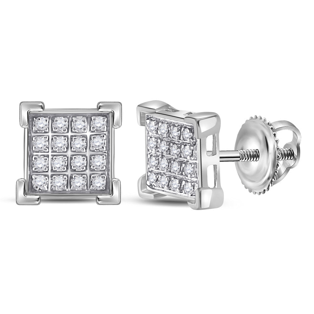 10kt White Gold Mens Round Diamond Square Earrings 1/10 Cttw