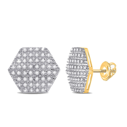 10kt Yellow Gold Mens Round Diamond Hexagon Stud Earrings 1/3 Cttw