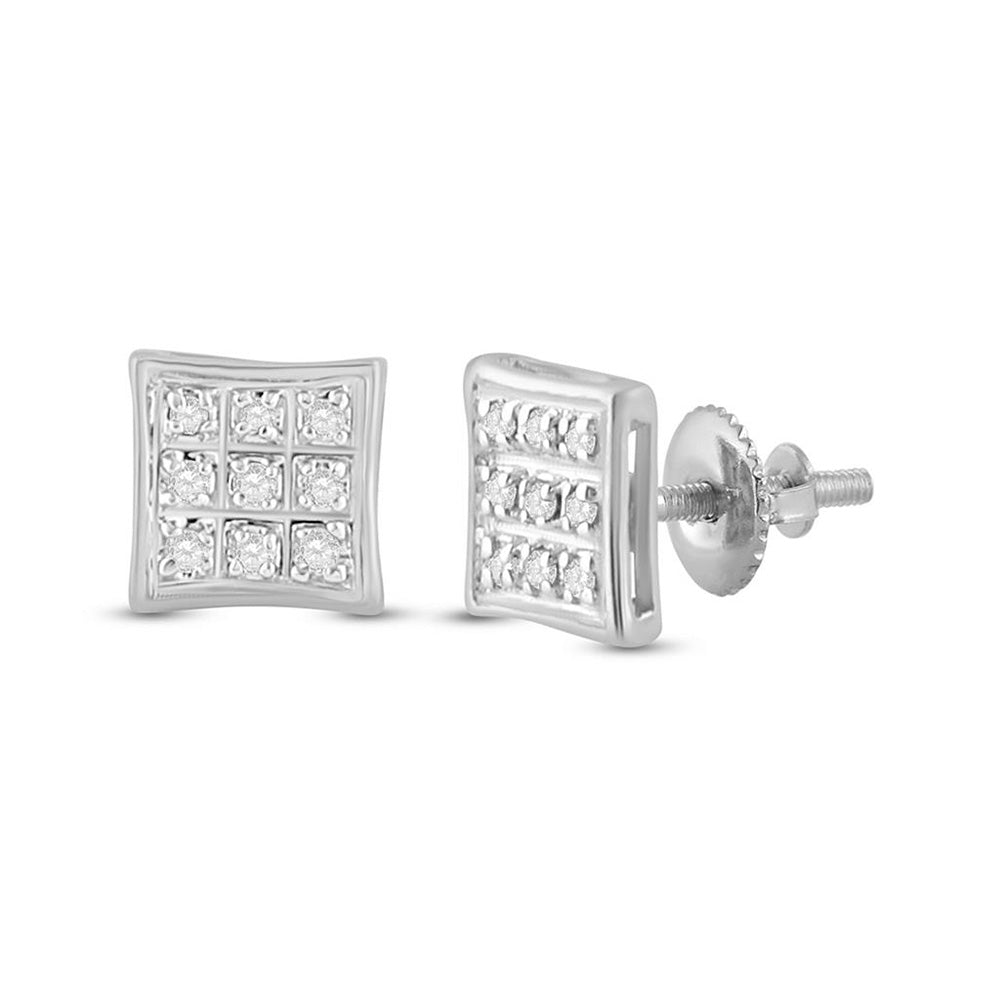 10kt White Gold Mens Round Diamond Square Earrings 1/20 Cttw