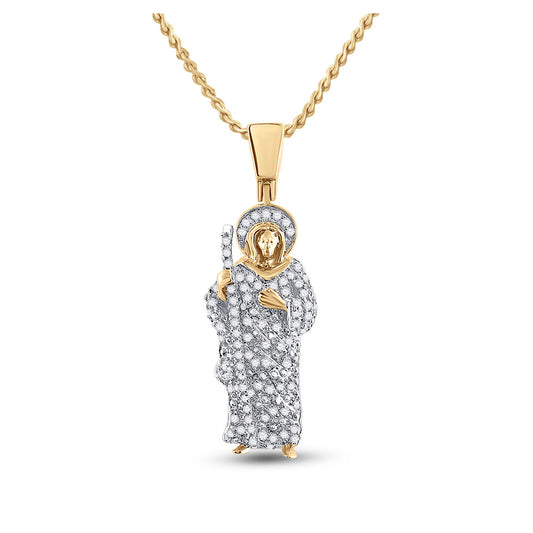 14kt Yellow Gold Mens Round Diamond Jesus Saint Charm Pendant 3/8 Cttw