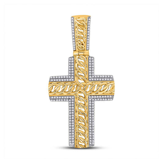 10kt Yellow Gold Mens Round Diamond Curb Link Cross Charm Pendant 1/2 Cttw