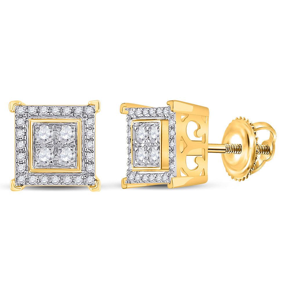 14kt Yellow Gold Mens Round Diamond Square Earrings 1/3 Cttw