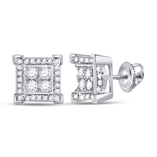 14kt White Gold Mens Round Diamond Square Earrings 1/3 Cttw