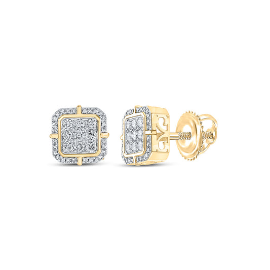 14kt Yellow Gold Mens Round Diamond Square Earrings 3/4 Cttw