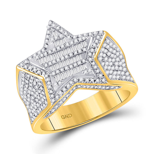 10kt Yellow Gold Mens Baguette Diamond Cluster Star Ring 1 Cttw