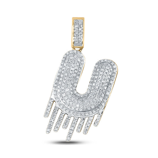 10kt Yellow Gold Mens Round Diamond Dripping U Letter Charm Pendant 3/4 Cttw