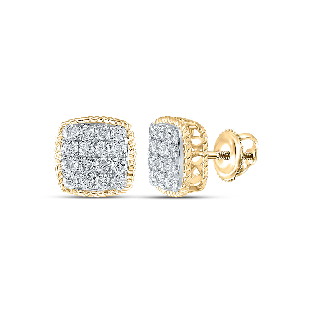 14kt Yellow Gold Mens Round Diamond Square Earrings 1 Cttw