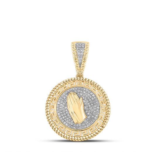 10kt Yellow Gold Mens Round Diamond Prayer Hands Medallion Charm Pendant 3/8 Cttw