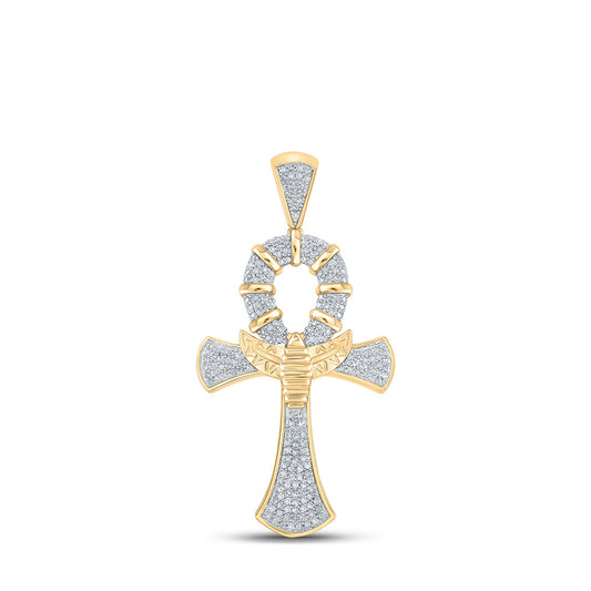 10kt Yellow Gold Mens Round Diamond Ankh Cross Charm Pendant 1/2 Cttw
