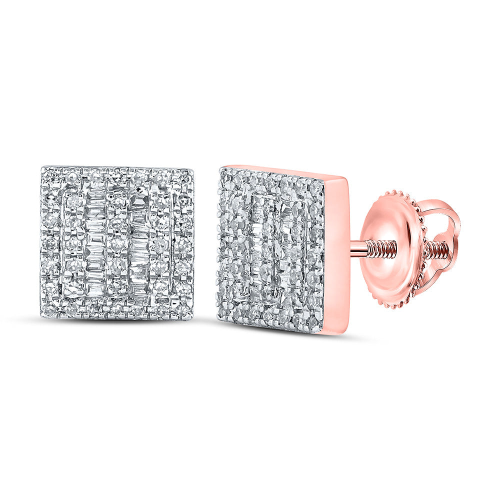 10kt Rose Gold Mens Baguette Diamond Square Earrings 1/3 Cttw