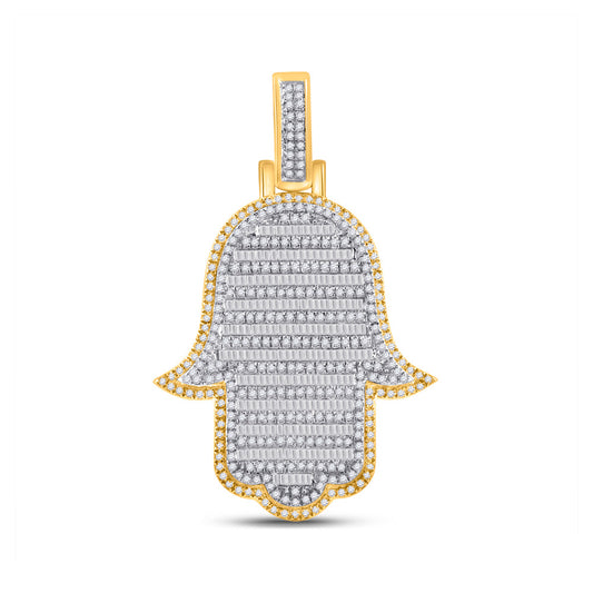 10kt Yellow Gold Mens Baguette Diamond Hamsa Charm Pendant 2 Cttw