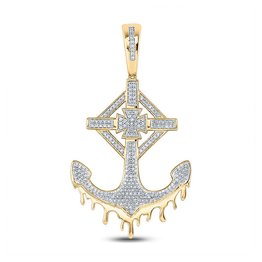 10kt Yellow Gold Mens Round Diamond Anchor Cross Charm Pendant 1/2 Cttw