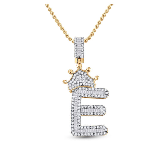 10kt Yellow Gold Mens Baguette Diamond Crown E Letter Charm Pendant 3/4 Cttw