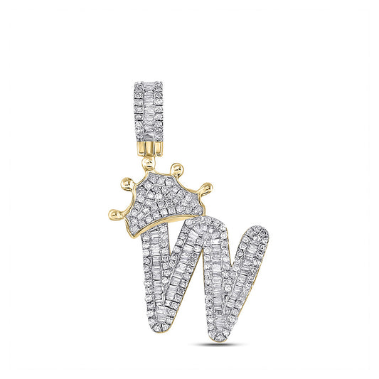 10kt Yellow Gold Mens Baguette Diamond Crown W Letter Charm Pendant 7/8 Cttw