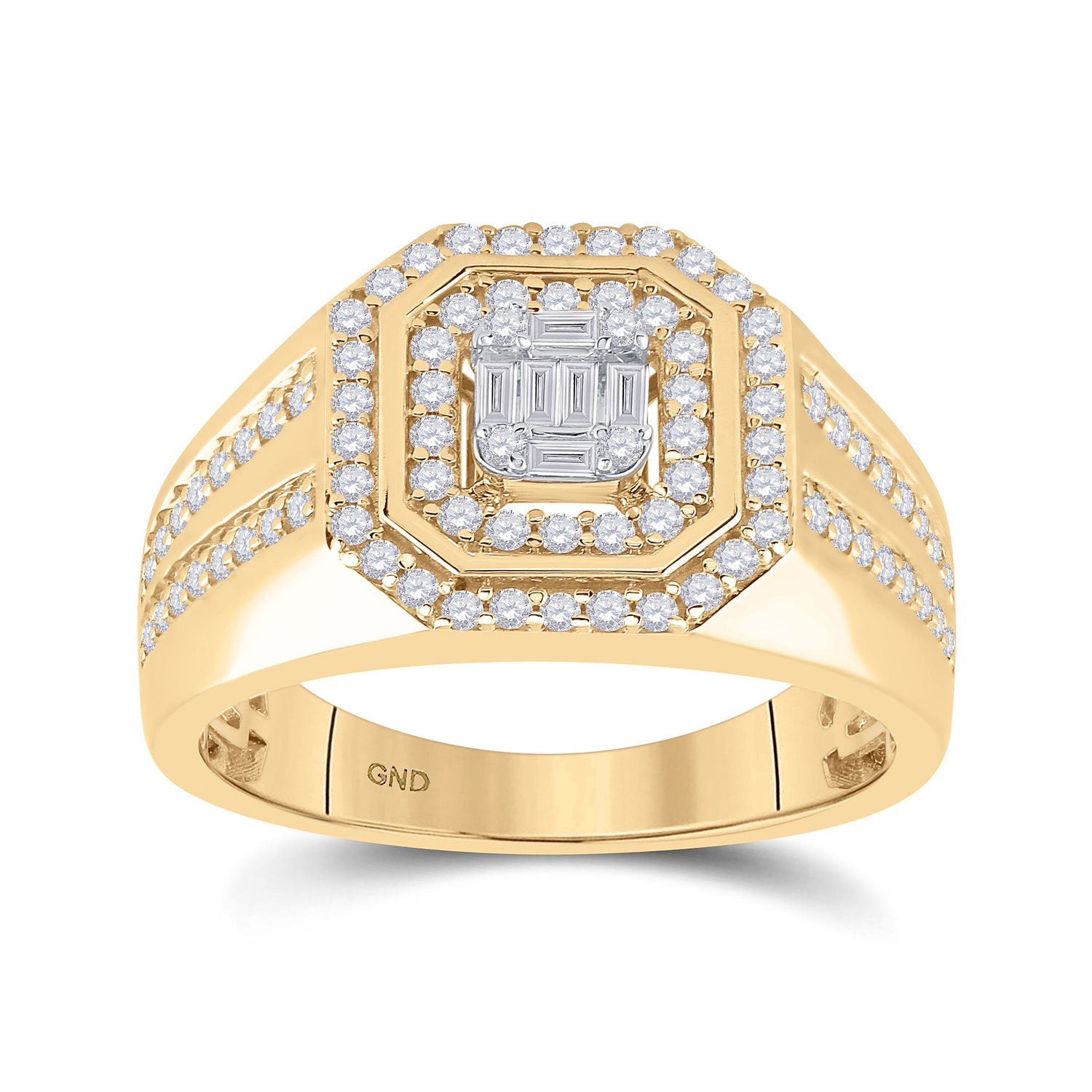 14kt Yellow Gold Mens Baguette Diamond Octagon Cluster Ring 3/4 Cttw