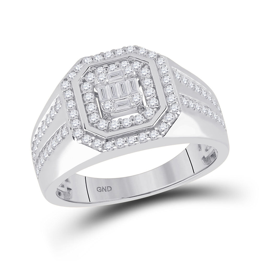 14kt White Gold Mens Baguette Diamond Octagon Cluster Ring 3/4 Cttw