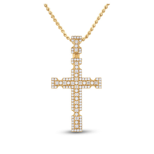 14kt Yellow Gold Mens Baguette Diamond Cross Charm Pendant 1-3/8 Cttw