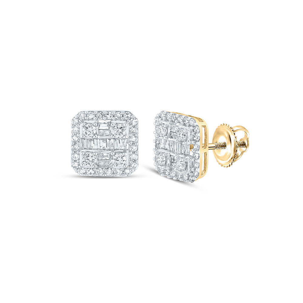 10kt Yellow Gold Mens Baguette Diamond Square Earrings 3/4 Cttw