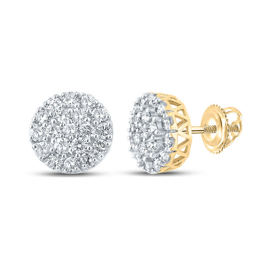 10kt Yellow Gold Mens Round Diamond Cluster Earrings 1 Cttw