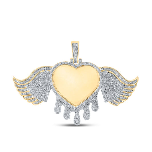 10kt Yellow Gold Mens Baguette Diamond Dripping Memory Heart Charm Pendant 2-1/2 Cttw