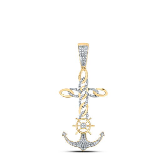 10kt Yellow Gold Mens Round Diamond Anchor Cross Charm Pendant 3/8 Cttw
