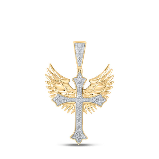 10kt Yellow Gold Mens Round Diamond Wing Cross Charm Pendant 3/8 Cttw