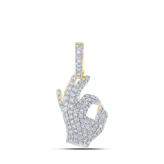 10kt Yellow Gold Mens Round Diamond OK Hand Gesture Charm Pendant 1-3/4 Cttw