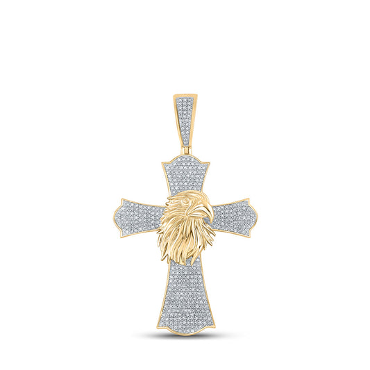 10kt Yellow Gold Mens Round Diamond Eagle Cross Charm Pendant 1 Cttw