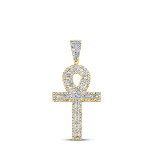 10kt Two-tone Gold Mens Round Diamond Ankh Cross Charm Pendant 2 Cttw