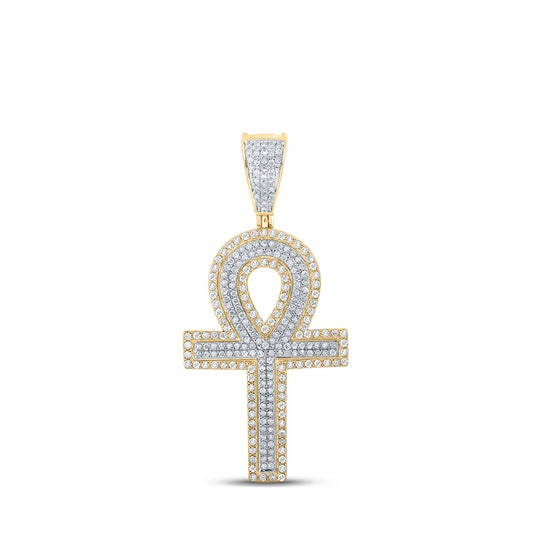10kt Two-tone Gold Mens Round Diamond Ankh Cross Charm Pendant 7/8 Cttw