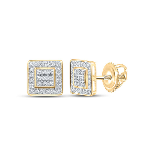 10kt Yellow Gold Mens Round Diamond Square Earrings 1/6 Cttw