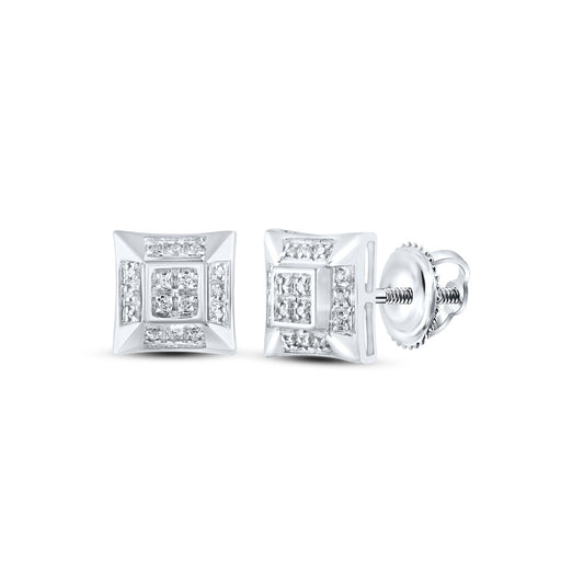 10kt White Gold Mens Round Diamond Square Earrings 1/10 Cttw