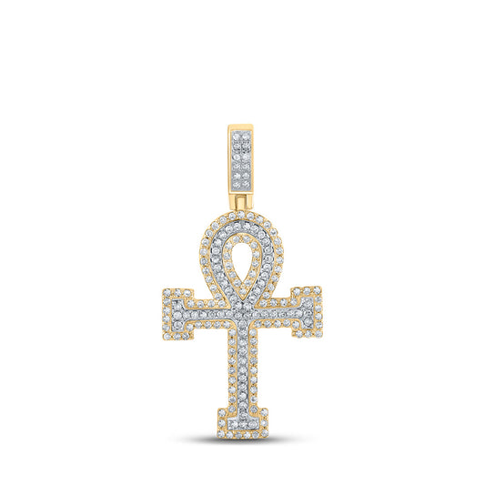 10kt Two-tone Gold Mens Round Diamond Ankh Cross Charm Pendant 7/8 Cttw
