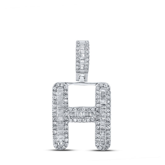 10kt White Gold Mens Baguette Diamond H Initial Letter Pendant 1/2 Cttw