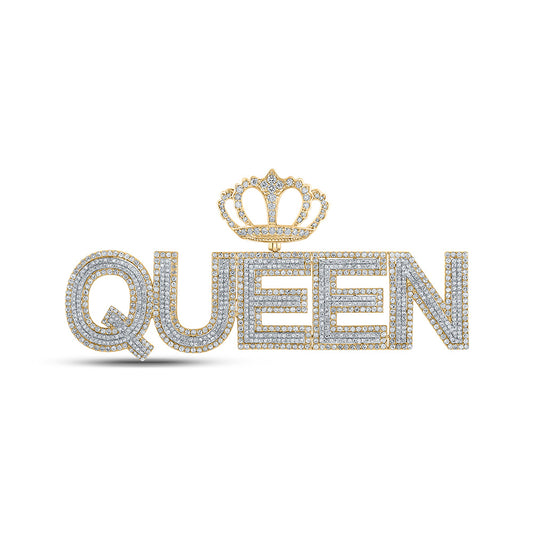 10kt Two-tone Gold Mens Round Diamond QUEEN Crown Charm Pendant 5 Cttw