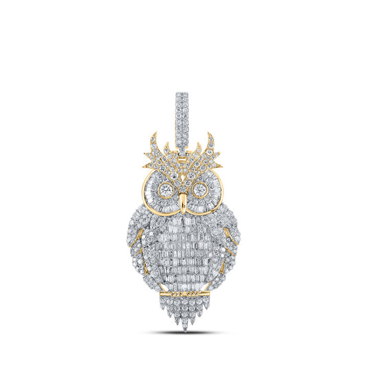 10kt Yellow Gold Mens Baguette Diamond Owl Bird Charm Pendant 3-7/8 Cttw