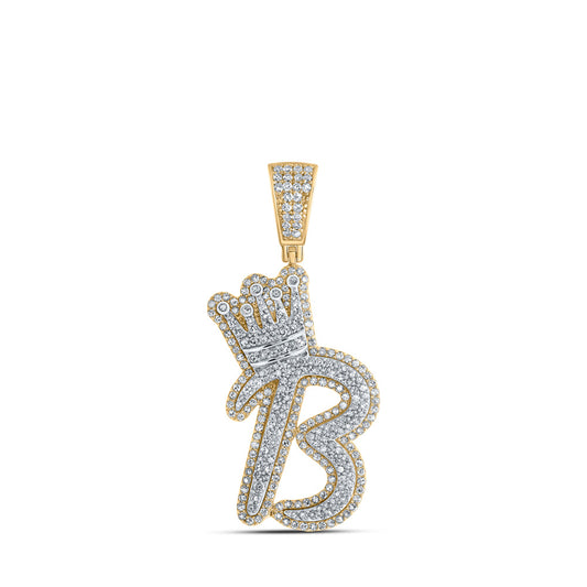 10kt Yellow Gold Mens Round Diamond B Crown Letter Charm Pendant 1-1/3 Cttw