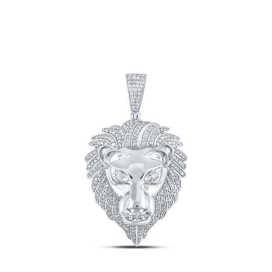 10kt White Gold Mens Round Diamond Lion Face Charm Pendant 1-1/3 Cttw