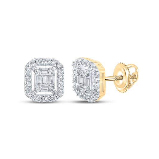 14kt Yellow Gold Mens Baguette Diamond Square Earrings 1/4 Cttw