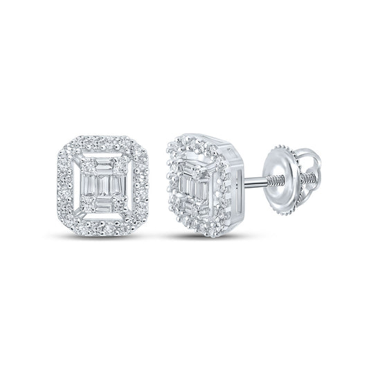 14kt White Gold Mens Baguette Diamond Cluster Earrings 1/4 Cttw