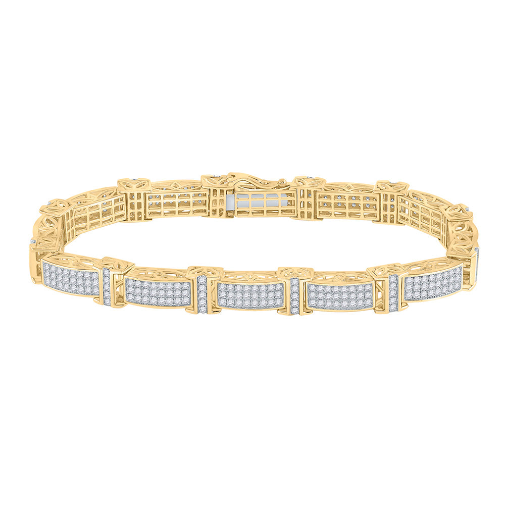 14kt Yellow Gold Mens Round Diamond Rectangle Link Bracelet 5-3/4 Cttw