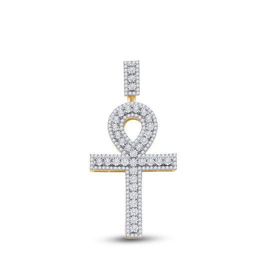 14kt Yellow Gold Mens Round Diamond Ankh Cross Charm Pendant 1 Cttw