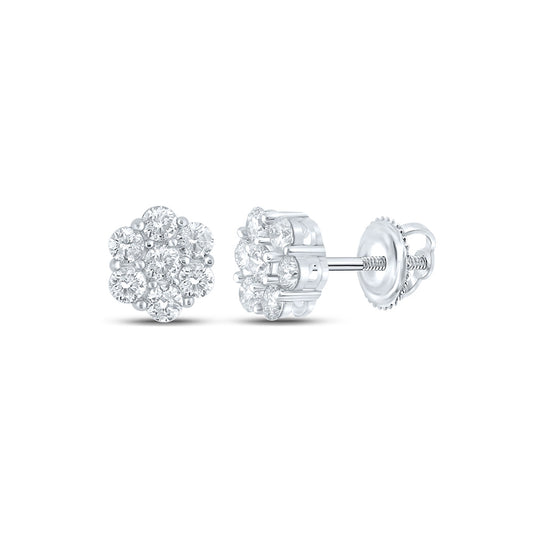 14kt White Gold Mens Round Diamond Flower Cluster Earrings 5/8 Cttw